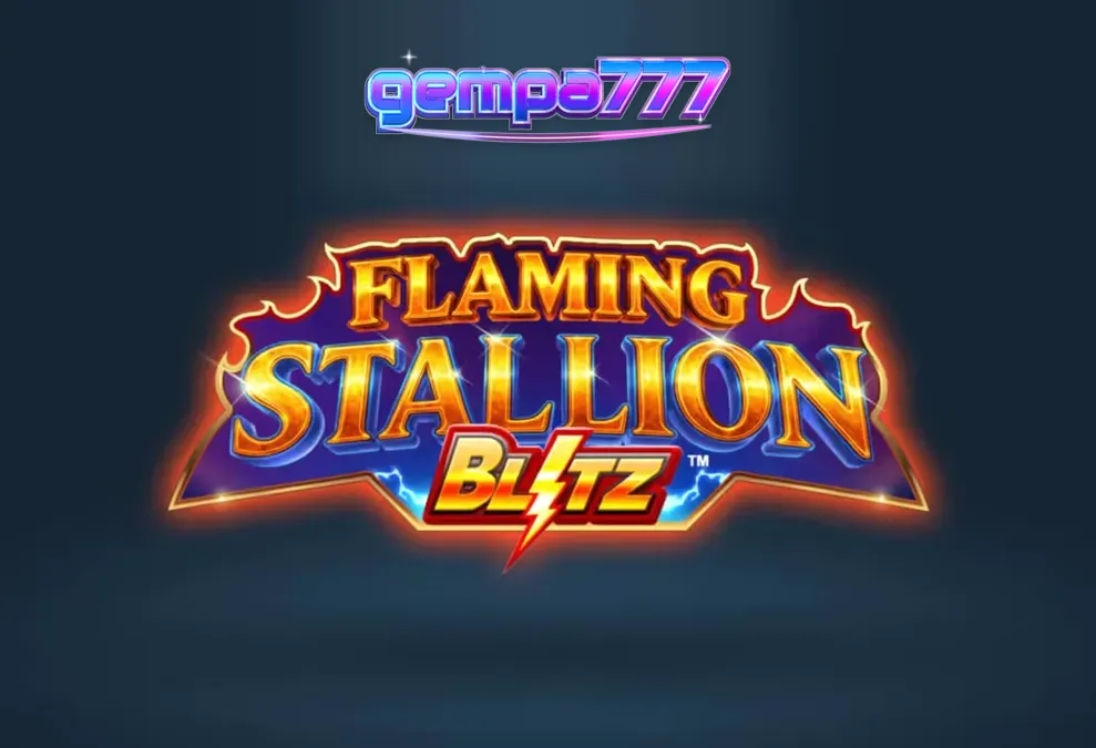 Pemandangan gurun yang membara dengan simbol kuda jantan biru yang menyala dalam permainan slot Flaming Stallion Blitz.